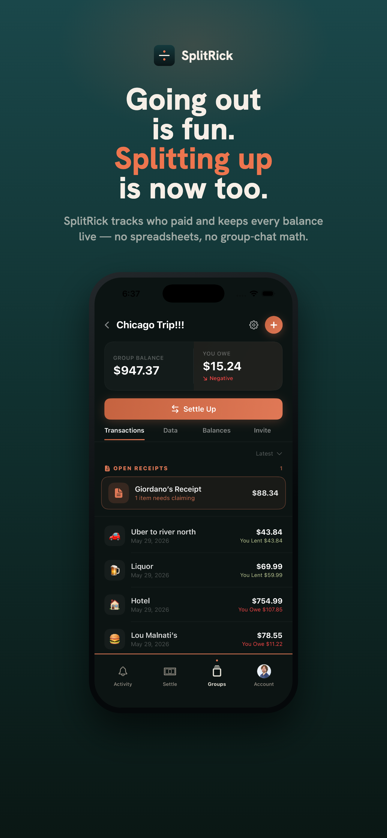 SplitRick showing a group with a live balance and open receipts