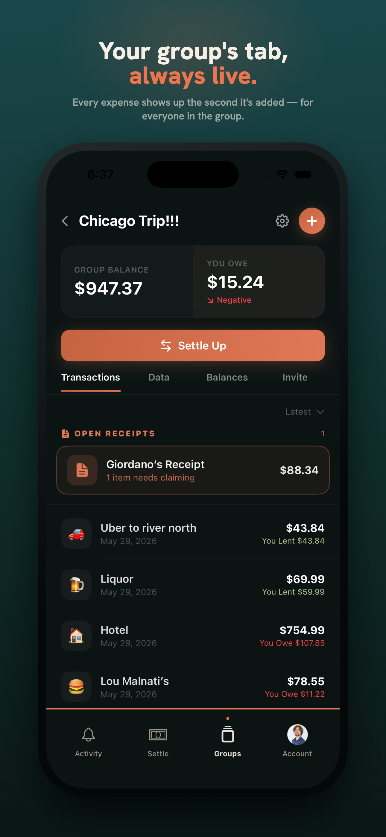 A group's transaction ledger showing individual expenses