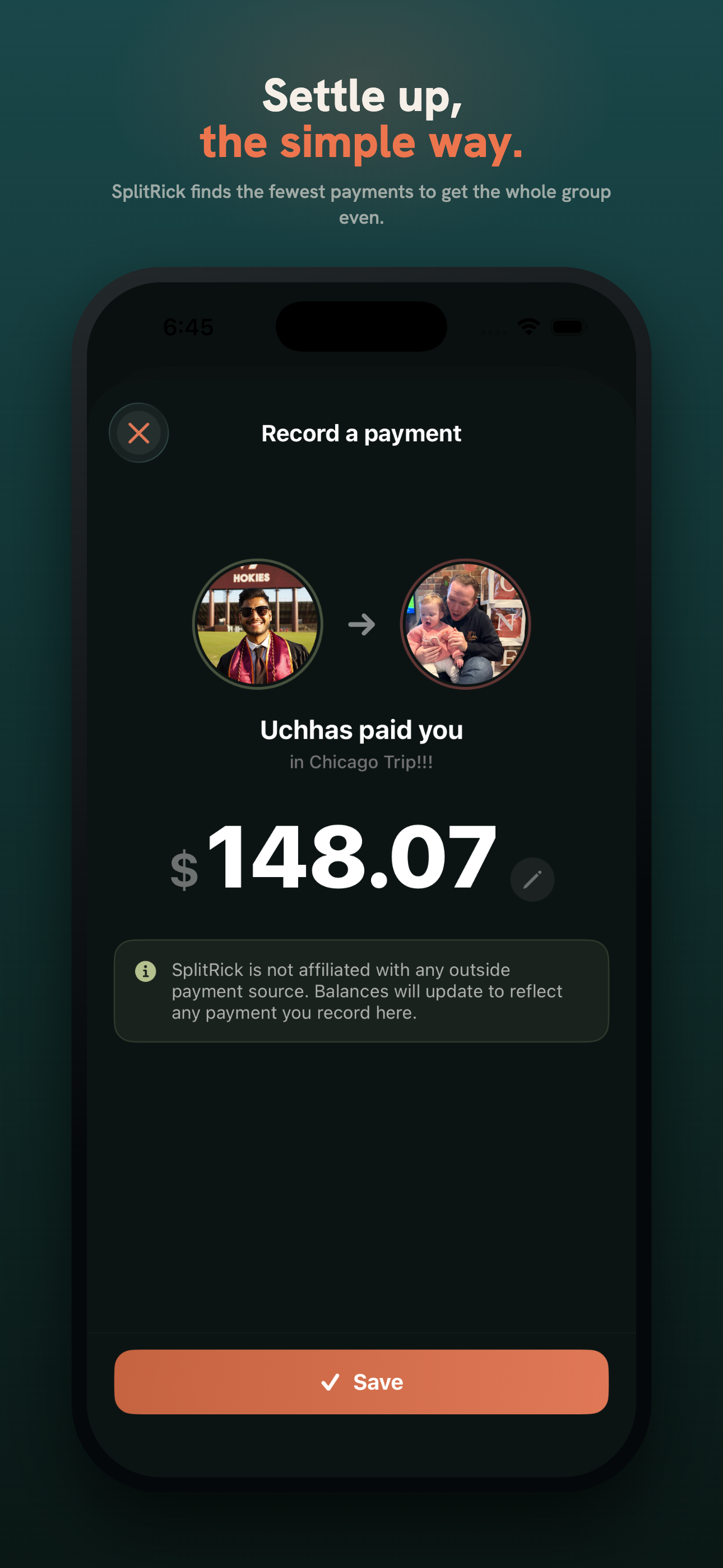 Settle Up tab showing the fewest payments to square up