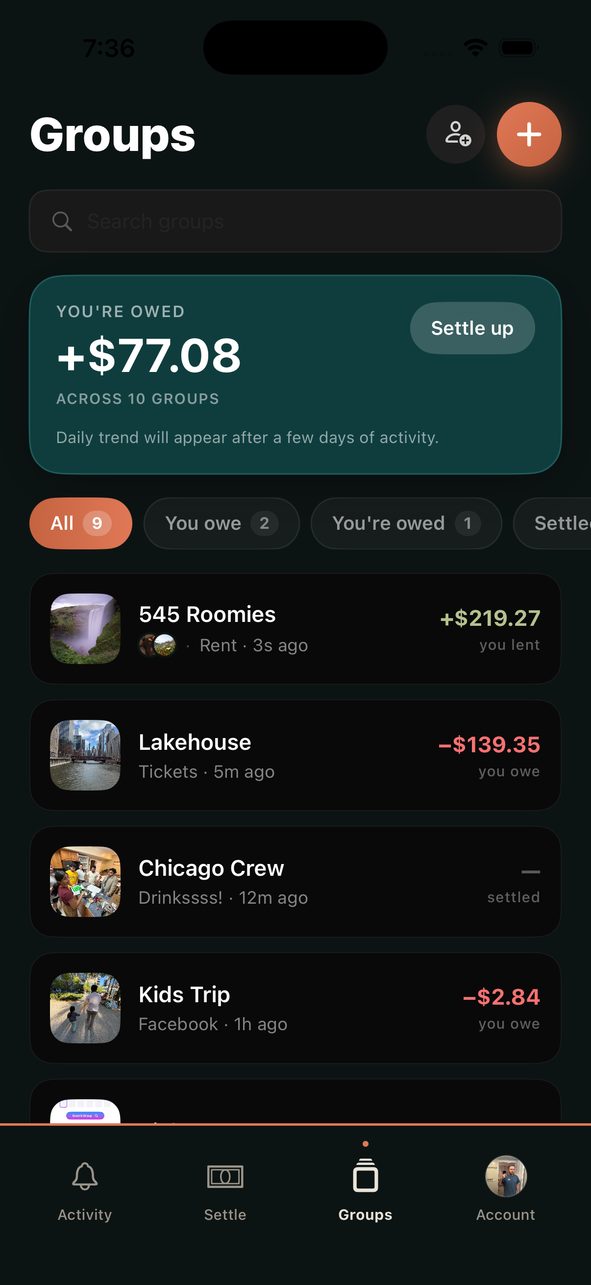 SplitRick Groups tab showing a list of expense groups with balances