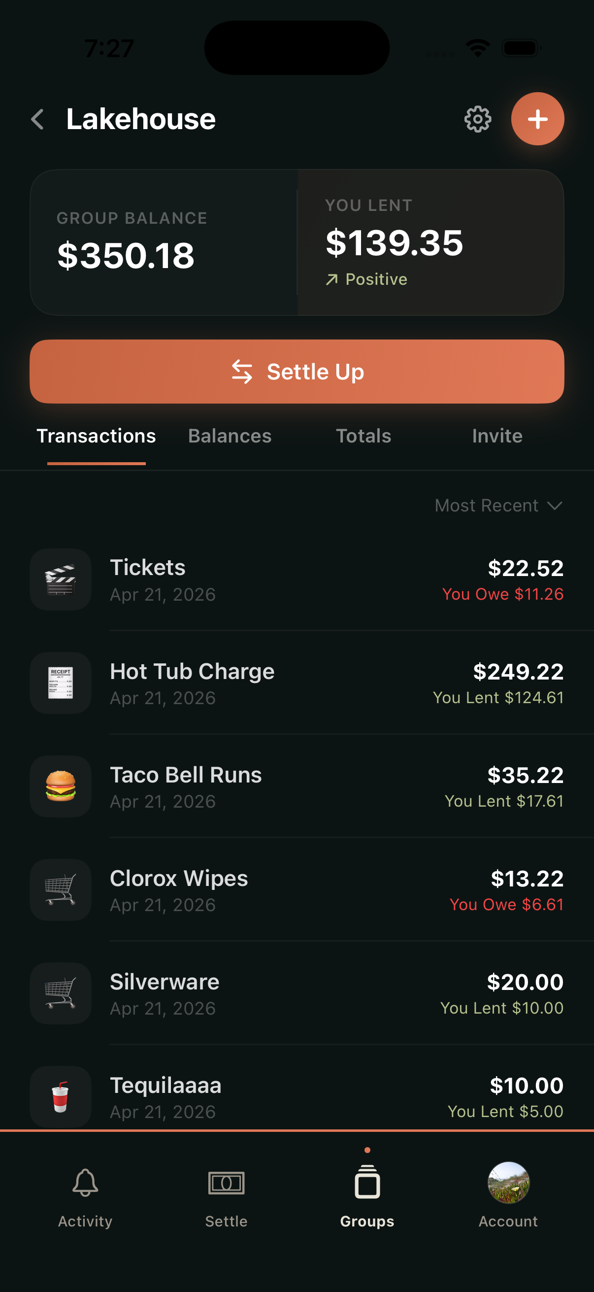 A group's transaction ledger showing individual expenses and balances